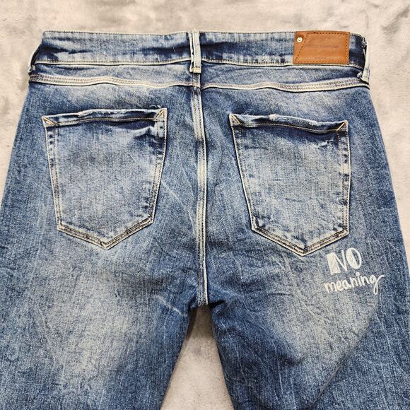 Zara Trafaluc denimwear Jeans Womens 8 Blue Distressed Graffiti Slim Leg Raw Hem - Picture 8 of 16